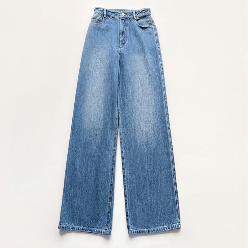 2022 summer women&s cotton washed vintage blue jeans wide leg denim pants
